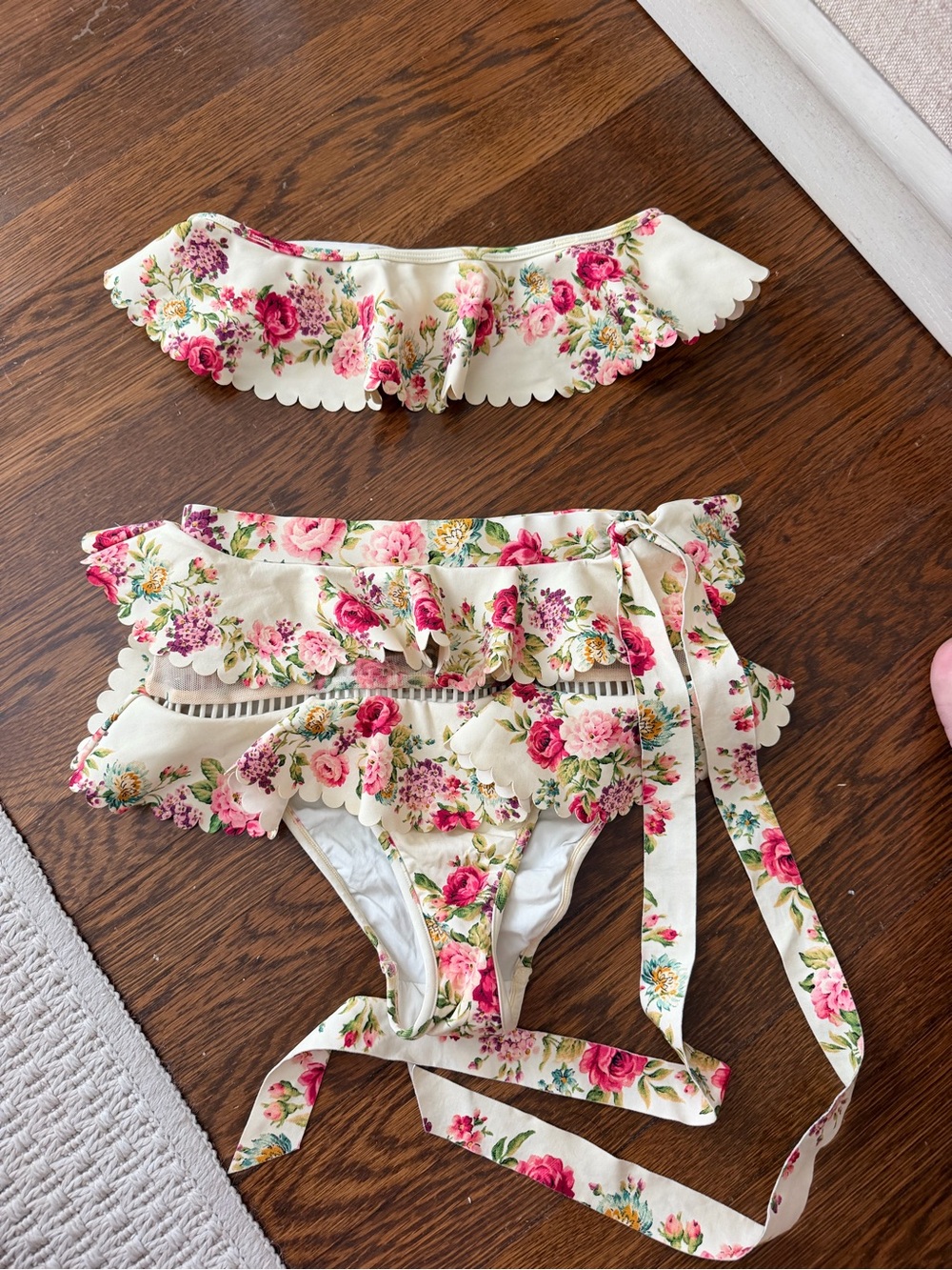 Zimmermann Floral Ruffle Bandeau Bikini in Cream and Pink - Picture 3 of 3